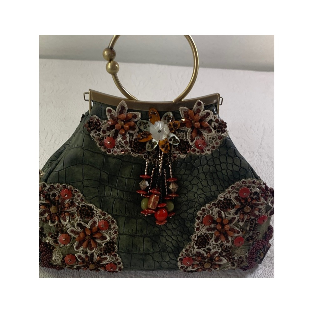 Mary Frances Green Croc Embossed Beaded Floral Lace Frame Bag Brass Ring Handle